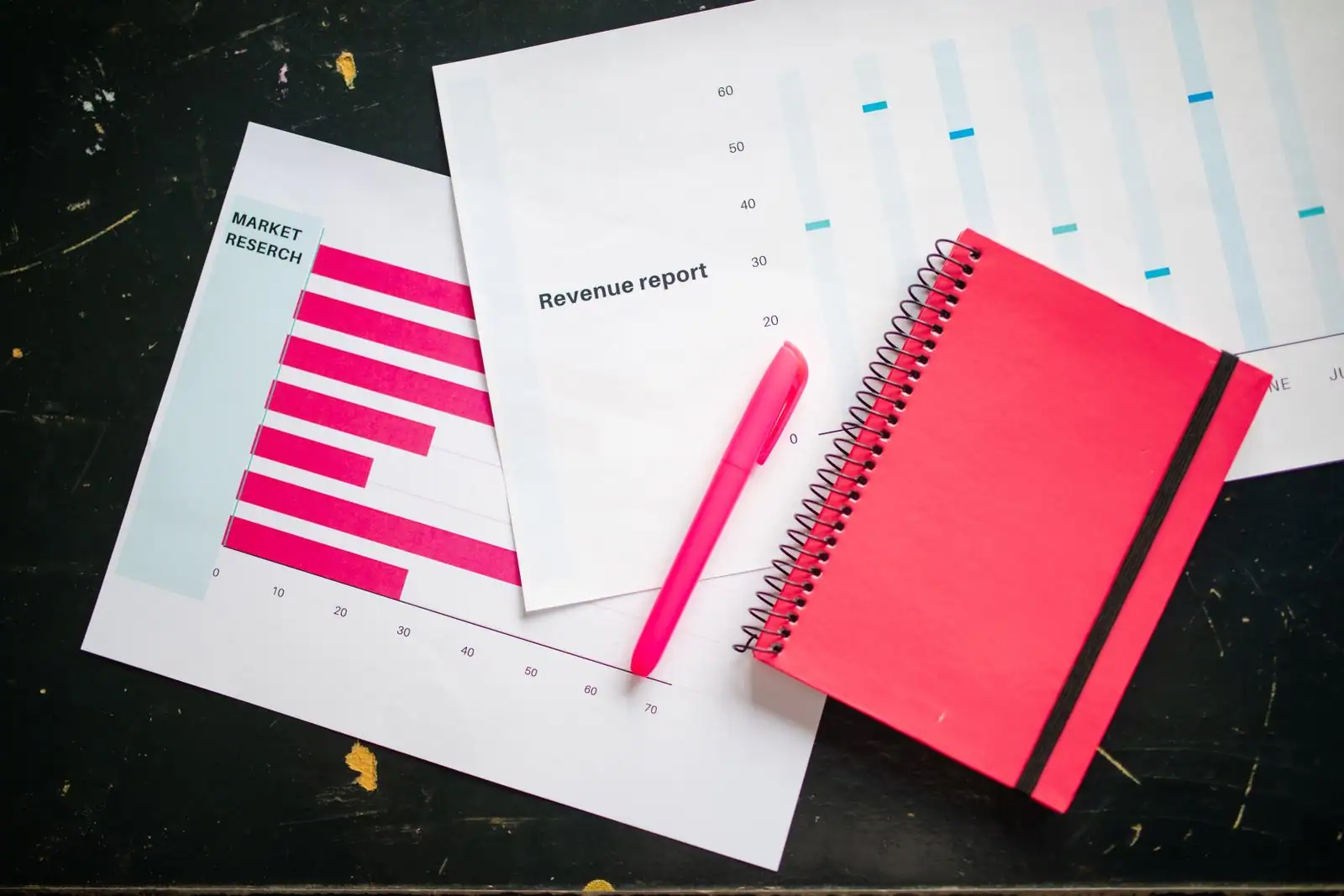 Un document de business plan avec des graphiques financiers, posé sur un bureau près d'un carnet et d'un stylo.
