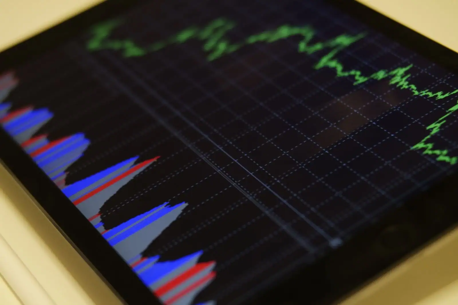 Tablette affichant en gros plan des graphiques de cours boursiers colorés et une courbe